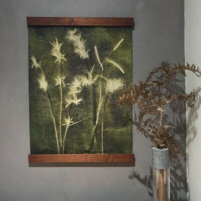 Linen Panel - Flower Grasses on Olive Green