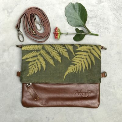 Leather Handbag - Green & Chartreuse Fern on Tan Brown