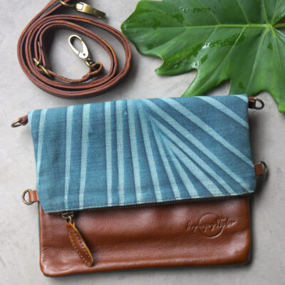 Leather Handbag - Teal Palm Leaf Print on Tan