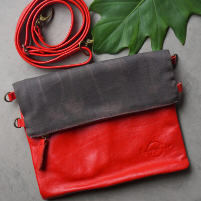 Leather Handbag - Subtle Charcoal Grasses on Red