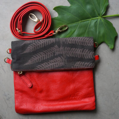 Leather Handbag - Charcoal Fern on Red